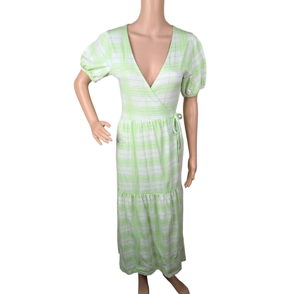 ASOS Pastel Green White Plaid Gingham Cotton Jersey Wrap Midi Dress US 4